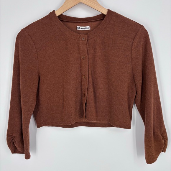 Reformation Sweaters - Reformation Cropped Cardigan Sweater Womens M Brown Knit Button Up Layering